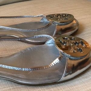 Clear Tory Burch reva flats with silver logo